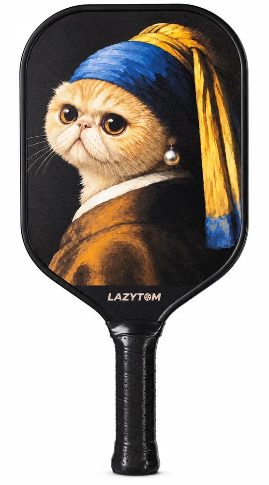 A Lazy Tom paddle-shaped fan featuring a custom print of a cat styled as Johannes Vermeer's Girl with a Pearl Earring, on a black background with a black handle.