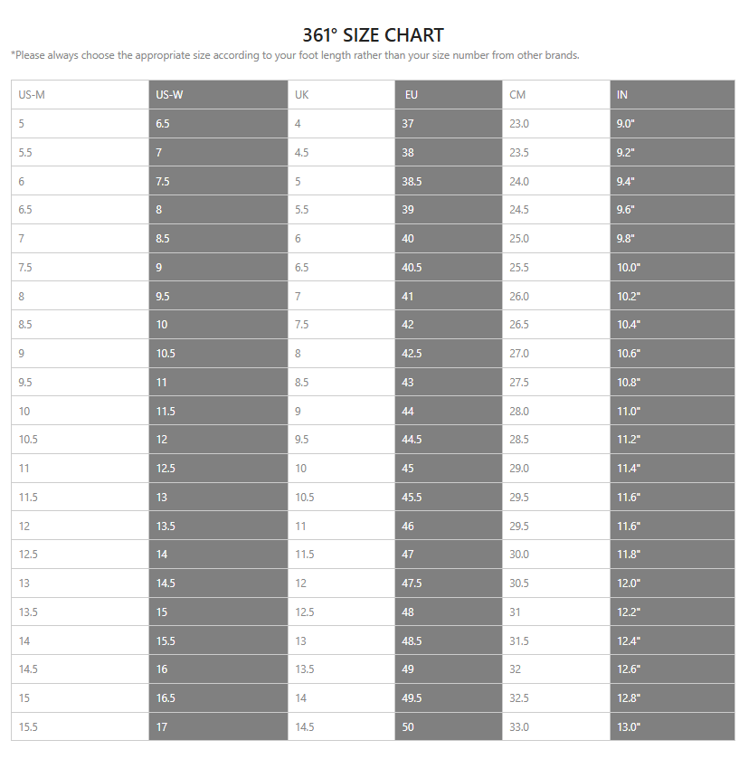 361 Degrees Basketball Shoes Size Chart