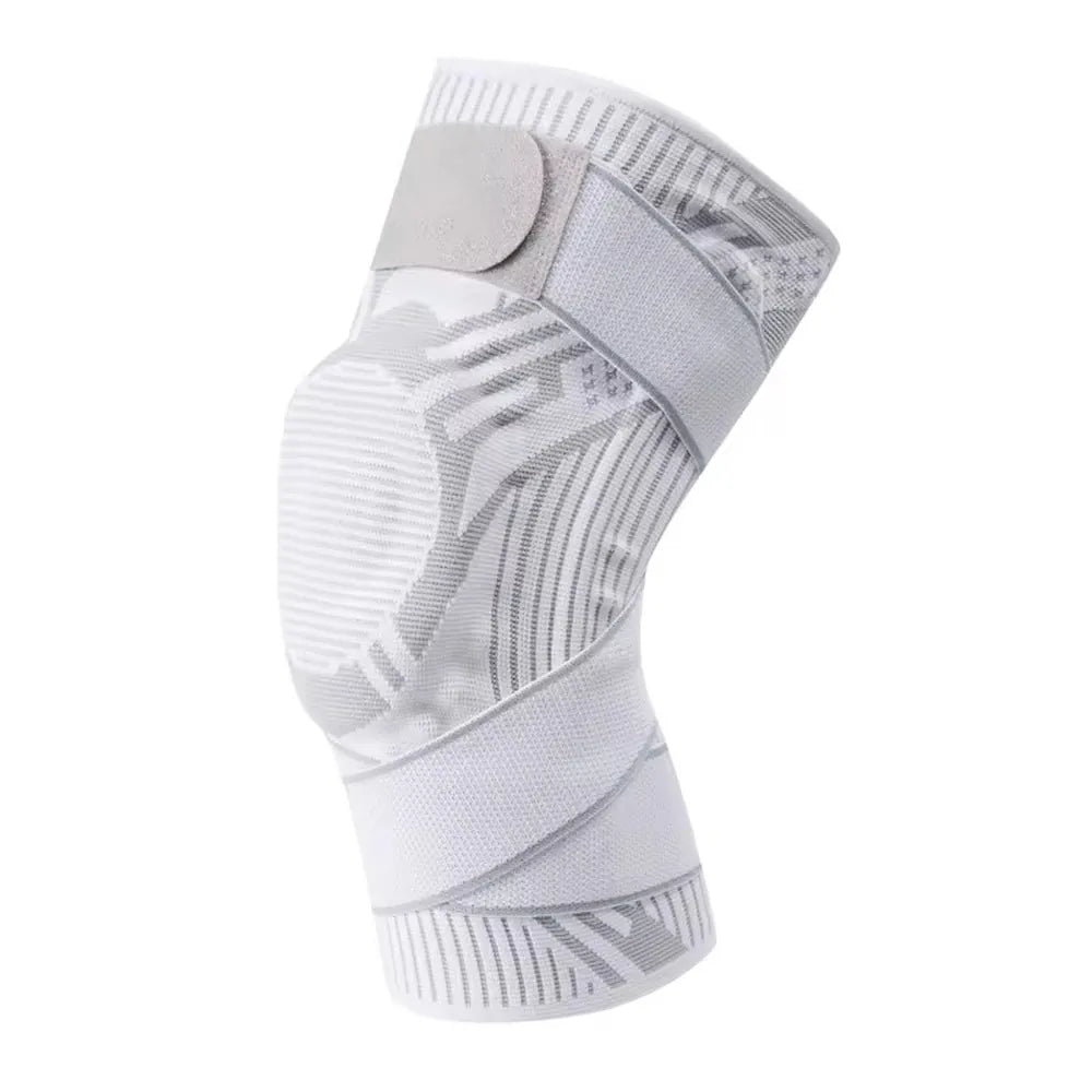 A white and light gray athletic knee support brace with a hook-and-loop strap closure, shown against a plain white background.