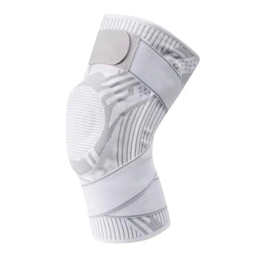 A white and light gray athletic knee support brace with a hook-and-loop strap closure, shown against a plain white background.