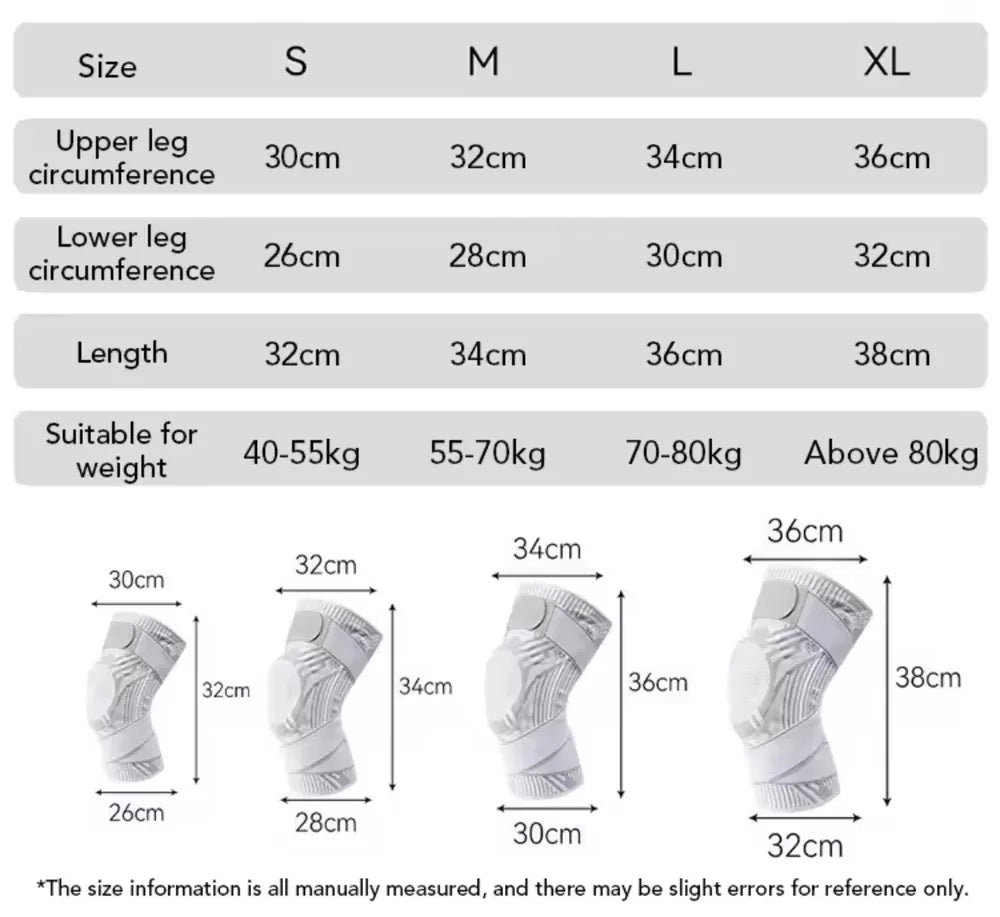 Size chart and measurement guide for knee support sleeves, showing size S through XL with upper leg, lower leg, length, and suitable weight columns, plus four illustrated knee views with dimension callouts.