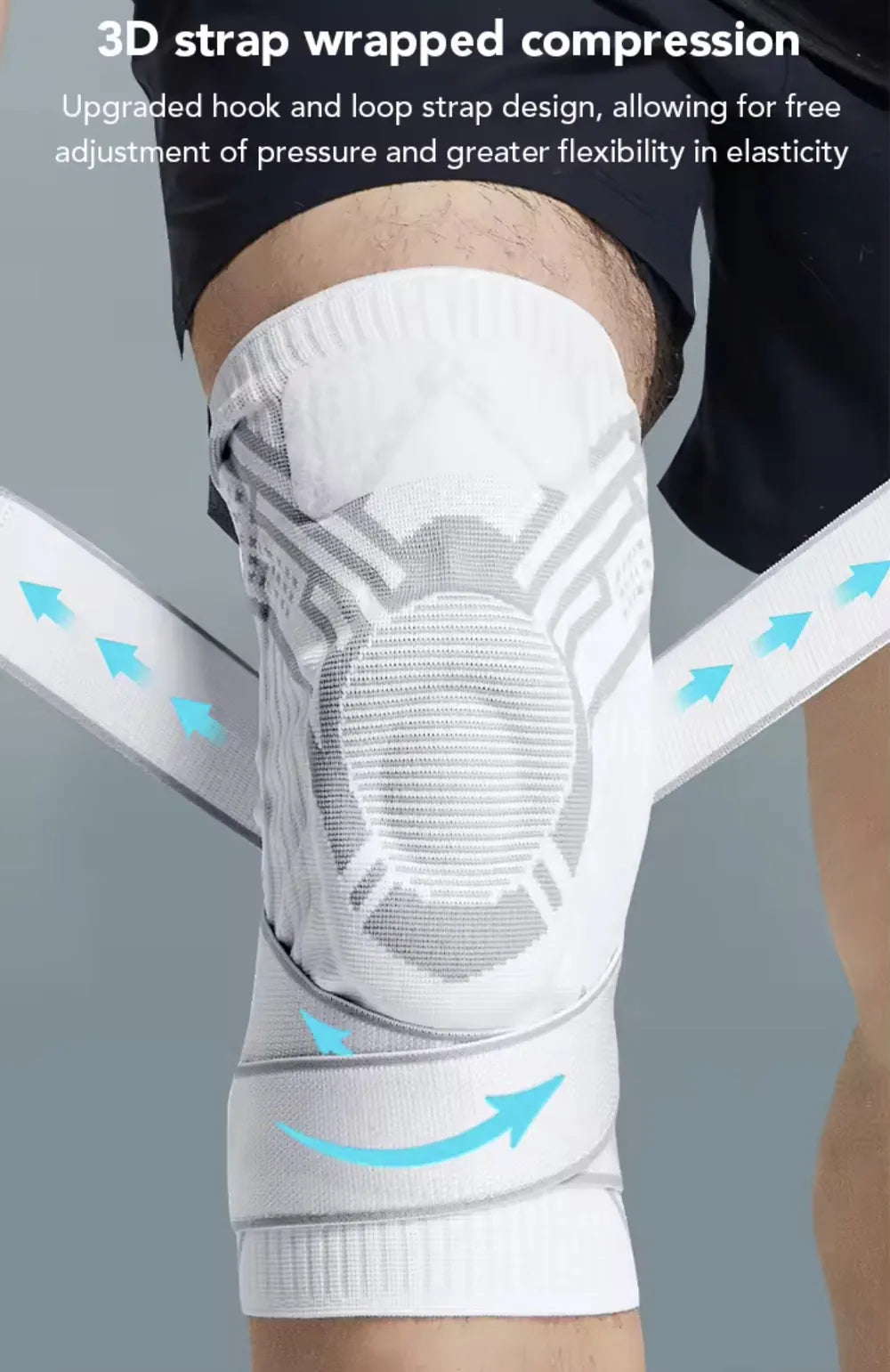White compression knee sleeve with adjustable straps shown on a person's knee, with blue arrow graphics and text explaining 3D strap wrapped compression.