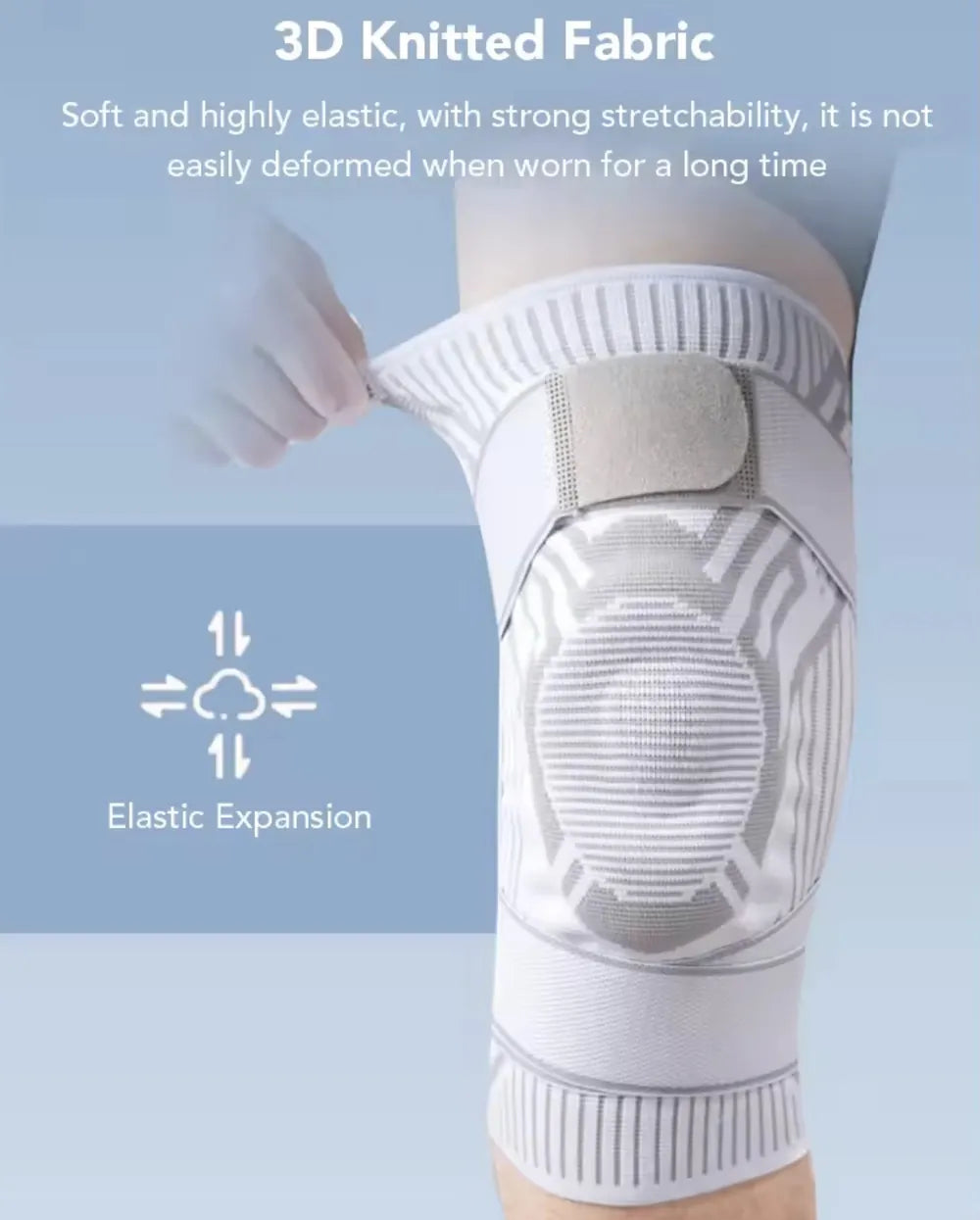 A white and gray 3D knitted knee support brace shown on a person's leg, with promotional text describing its soft, elastic fabric and elastic expansion feature.