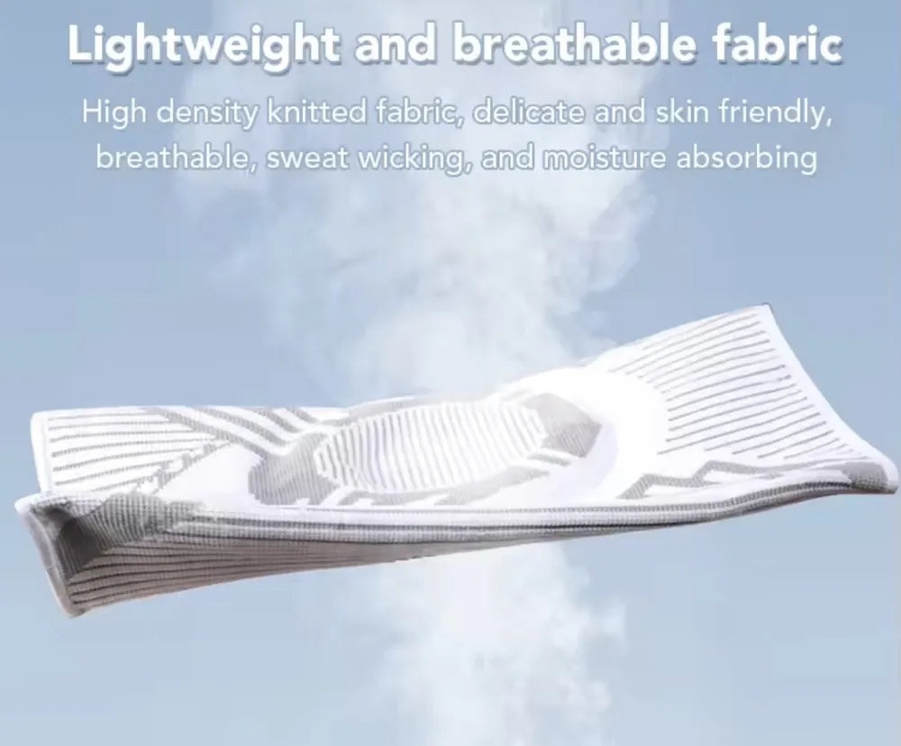 A white and gray knit athletic sleeve or compression band shown floating against a pale blue background with marketing text at the top about lightweight breathable fabric.