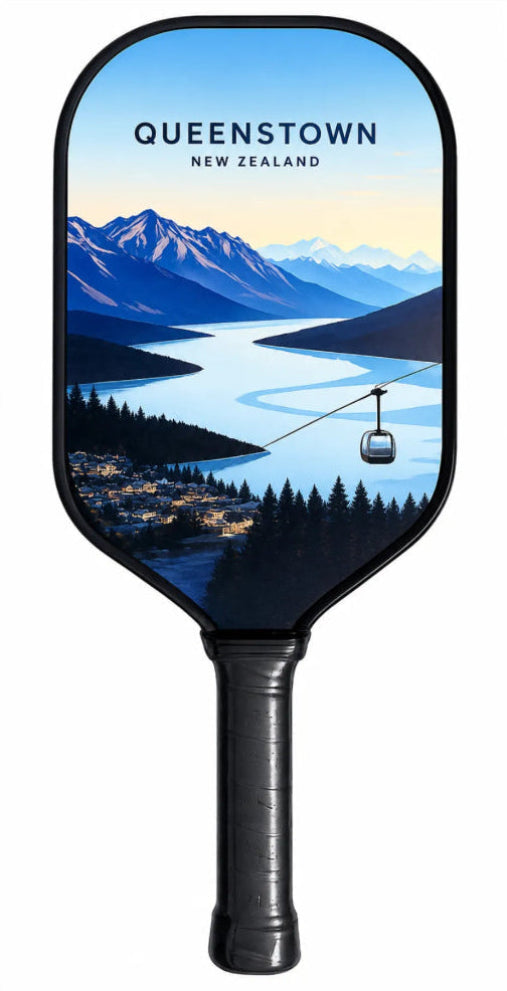 Pickleball paddle with Queenstown, New Zealand design on a white background
