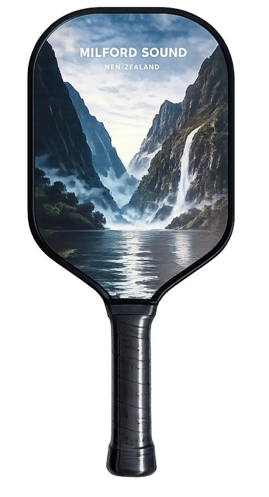 A pickleball paddle with a black handle and a printed scenic graphic of Milford Sound, New Zealand, featuring waterfalls, mountains, and a lake. The text 'MILFORD SOUND' and 'NEW ZEALAND' is printed at the top of the paddle face.